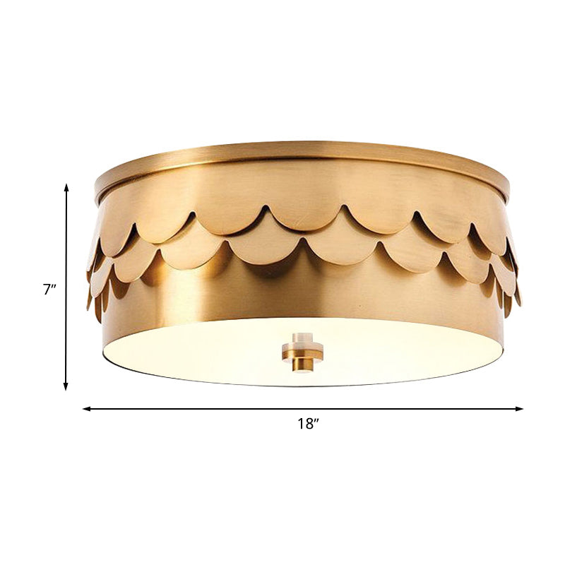 Gold Iron Drum Ceiling Light With Led And Ruffled Edge For Bedroom Mounting