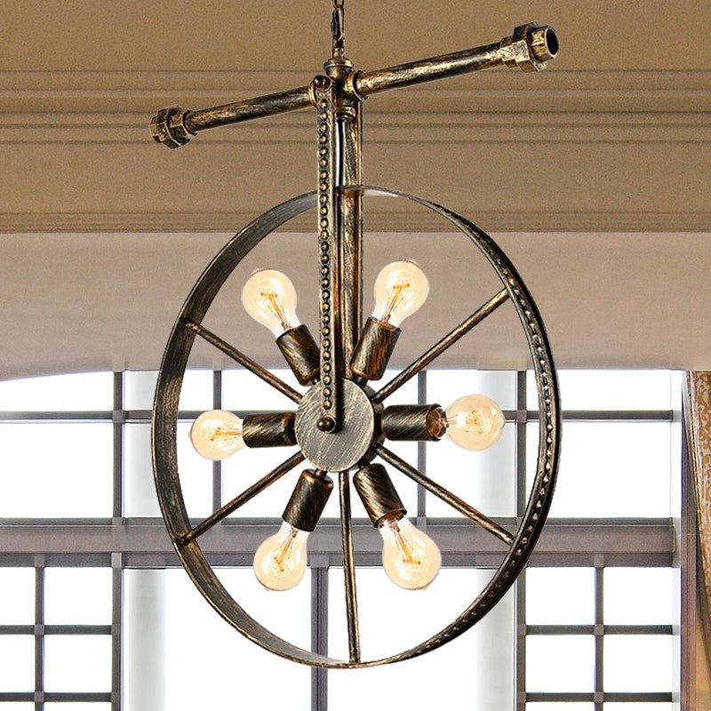 Farmhouse Style Wrought Iron Pendant Light Fixture 6 Light Round with Wheel Design | Bronze Ceiling Décor 6 / Bronze