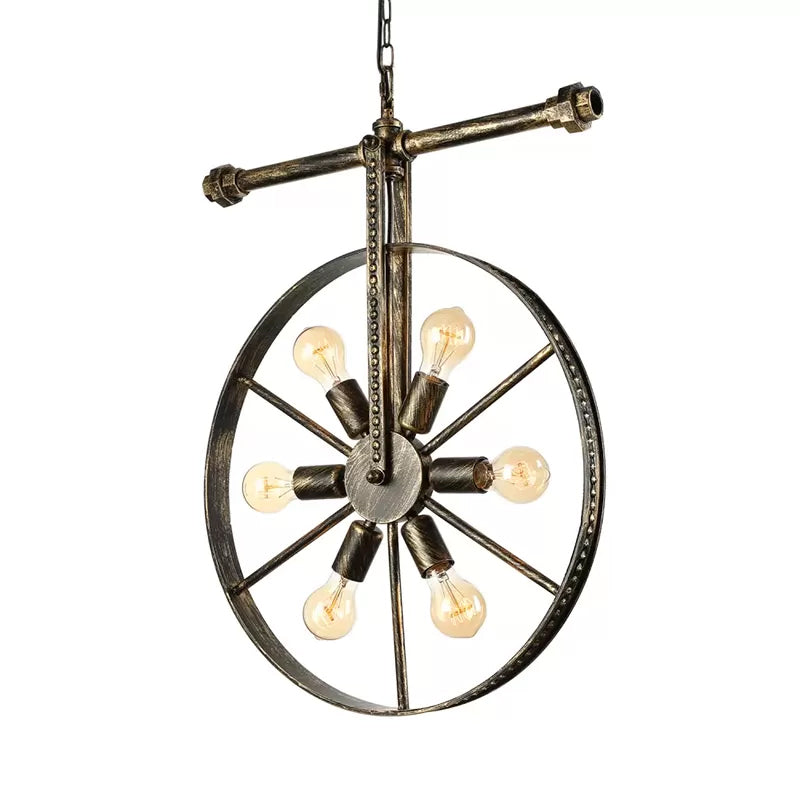 Farmhouse Style Wrought Iron Pendant Light Fixture 6 Light Round with Wheel Design | Bronze Ceiling Décor 6 / Bronze