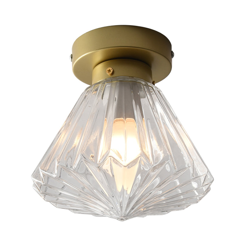 Modern Brass Flush Ceiling Light With Ribbed Glass - 1 Bulb Kitchen Lamp