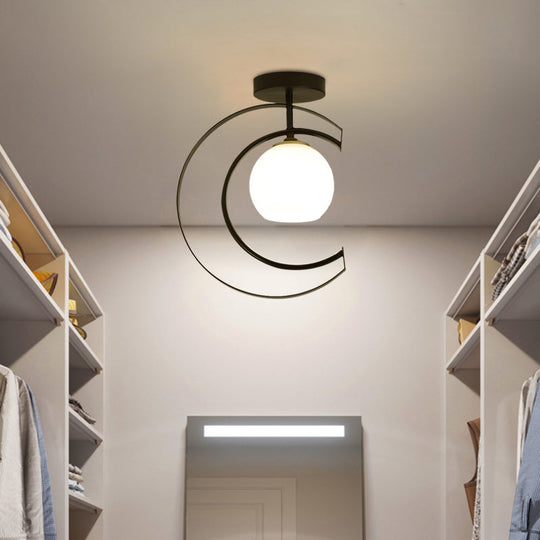 Modern Globe Semi Flush Mount Ceiling Lamp - White Glass 1 - Light Black With Moon Iron Frame