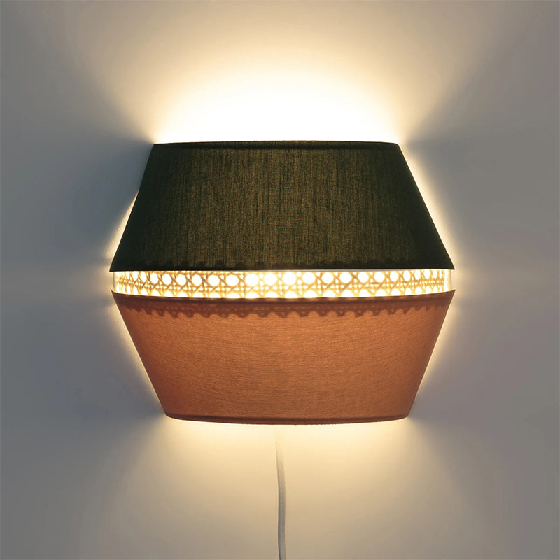 Minimalist Green And Pink Cutout Sconce With Rattan Detail - Wall Mounted Light For Bedroom