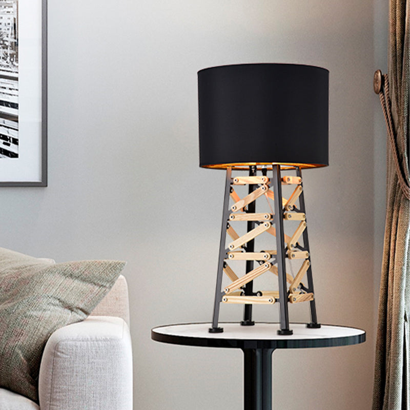 Modernist Tower Nightstand Lamp - 1 Head Metal Light In White/Black With Fabric Shade