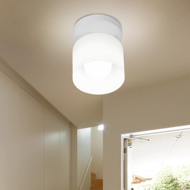 White Glass Cylinder Flush Ceiling Light With Simple Design And 1 Bulb