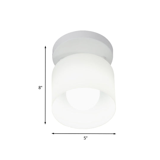 White Glass Cylinder Flush Ceiling Light With Simple Design And 1 Bulb