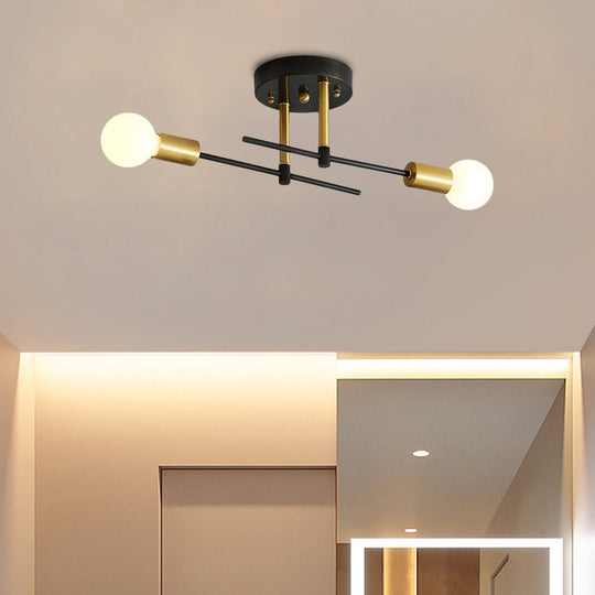 Black Iron Linear Semi Flush Mount Ceiling Light With 2 Bulbs - Minimalist Bedroom Fixture