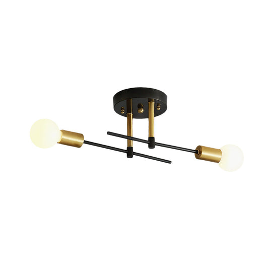 Black Iron Linear Semi Flush Mount Ceiling Light With 2 Bulbs - Minimalist Bedroom Fixture