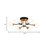 Black & Wood Sphere Semi Flush Mount Light - Modern 3/6 Lights Opal Glass Ceiling Lamp