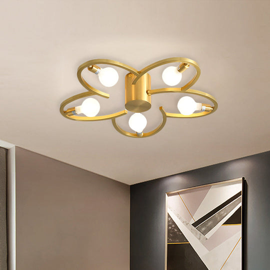 Modern Gold Metallic Flower Semi Flush Mount Ceiling Light With 5/6 - Head For Bedrooms