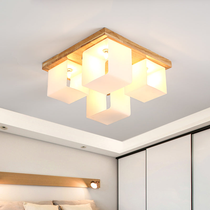 Japanese White Glass Wood Led Flush Ceiling Cube Frame Fixture - 4-Head Mount Lighting