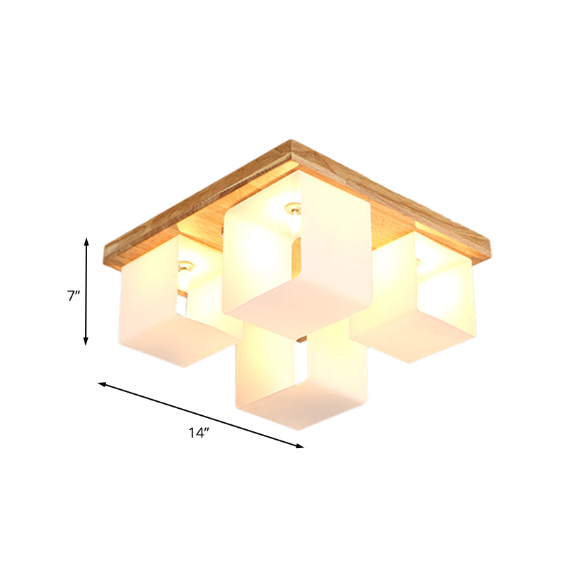 Japanese White Glass Wood Led Flush Ceiling Cube Frame Fixture - 4-Head Mount Lighting