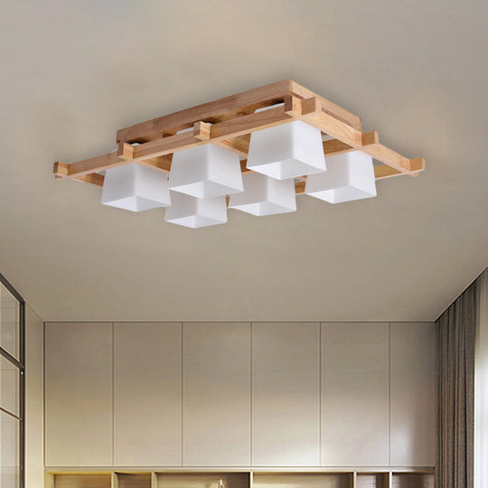 Trapezoid Glass Flush Light: Japanese 4/6-Bulb Ceiling Fixture With Wood Grid Frame 6 / White