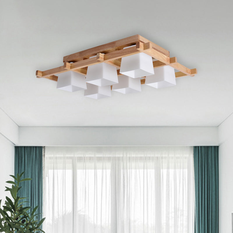 Trapezoid Glass Flush Light: Japanese 4/6-Bulb Ceiling Fixture With Wood Grid Frame