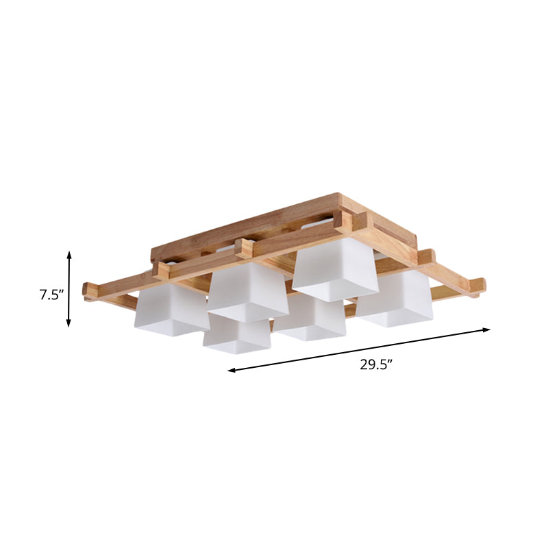 Trapezoid Glass Flush Light: Japanese 4/6-Bulb Ceiling Fixture With Wood Grid Frame