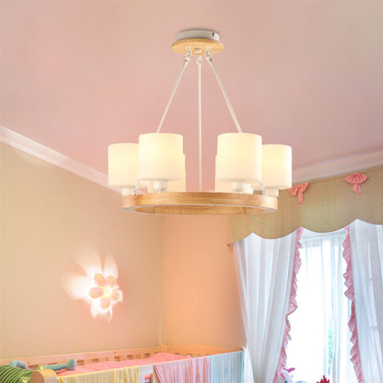 Modern White Glass Cylinder Chandelier Light With Wood Hanging Pendant And Ring Design - 4/6/8-Light