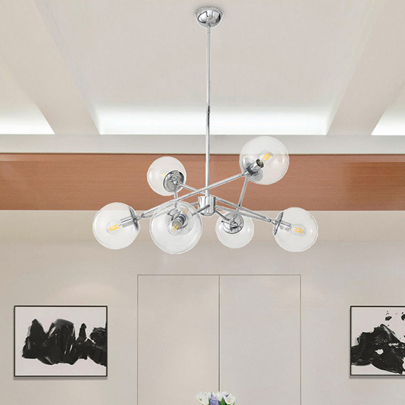 Modern Chrome 6-Light Bedroom Chandelier With Clear Glass Orb Shades