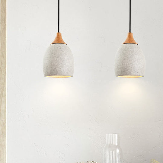 Nordic Domed Cement Pendant Light With Wood Top For Coffee Shops - Grey (1 Bulb)