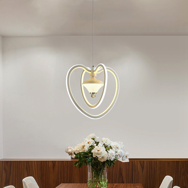 Heart Frame Acrylic Led Pendant Ceiling Light White Hanging With Diamond Accent