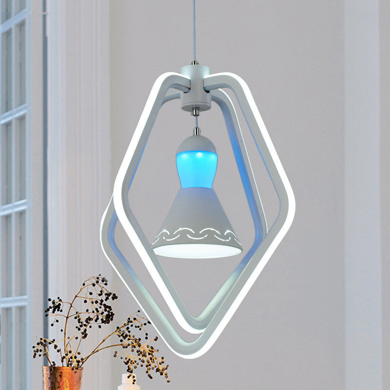 Minimalist Led White Pendant Lamp With Acrylic Dual Pentagon Frame And Bell Inside