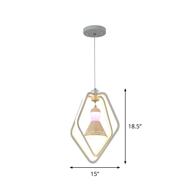 Minimalist Led White Pendant Lamp With Acrylic Dual Pentagon Frame And Bell Inside
