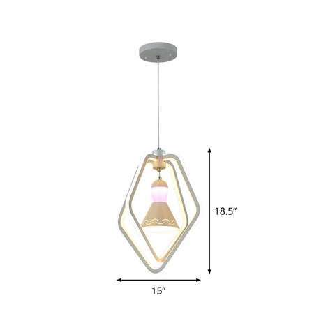 Pendant Lamp: Minimalist Led White Bell Inside Acrylic Dual Pentagon Frame Hanging Lighting
