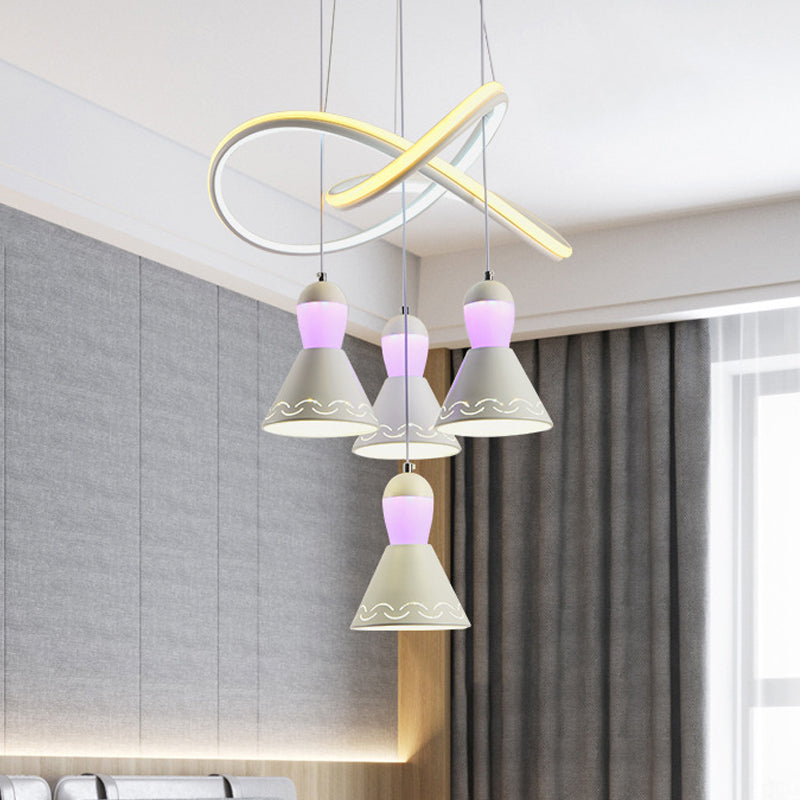 White Acrylic Bell Cluster Pendant Light With Led Strip - Modern 4 Head Suspension Lamp