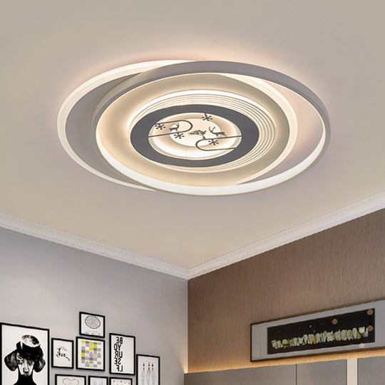Modern Led Acrylic Flushmount Light Fixture - White Circular With Deer And Tree Pattern