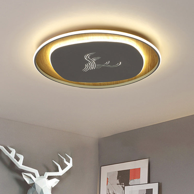 Modern Metal Arc Square Flush Light With Led Black/Grey/Green Ceiling Round Wood Canopy - 16/19.5