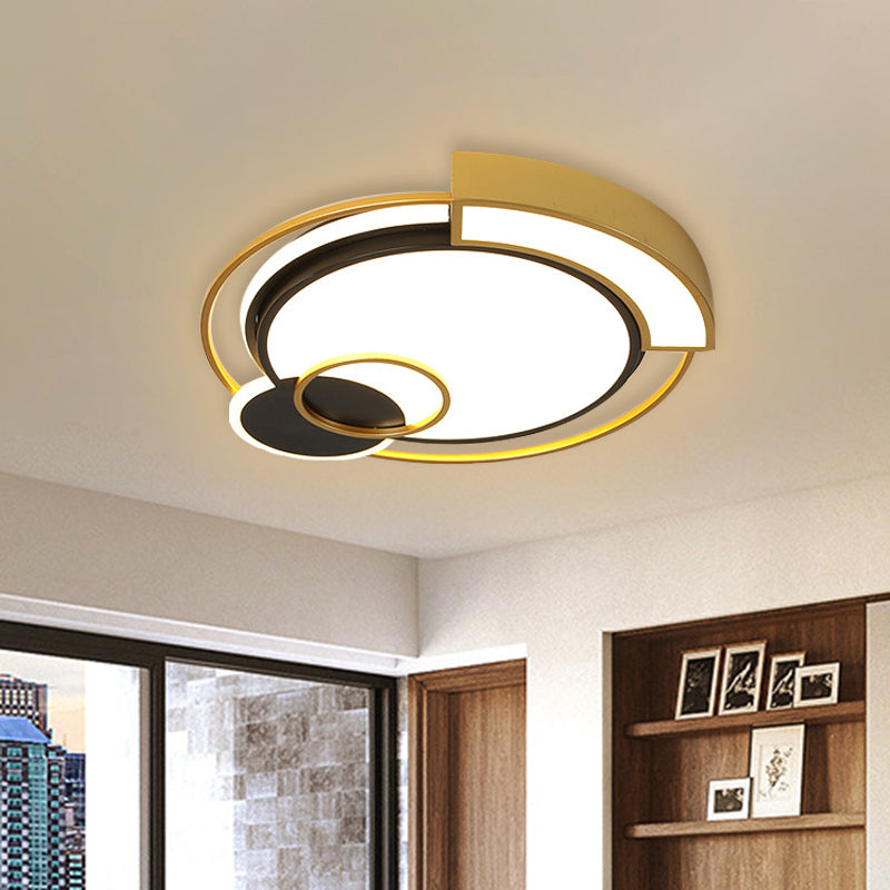 Minimalist Circle Flush Light Fixture: Metal Led Bedroom Ceiling Lamp 16’/19.5’ Width Black/Gold