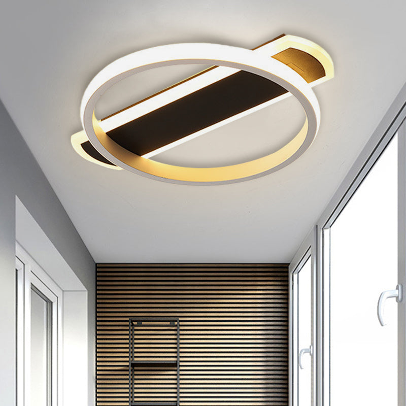 Led Acrylic Flush Ceiling Lamp - White/Black Ring Lighting With Arc Rectangle Canopy In Warm/White