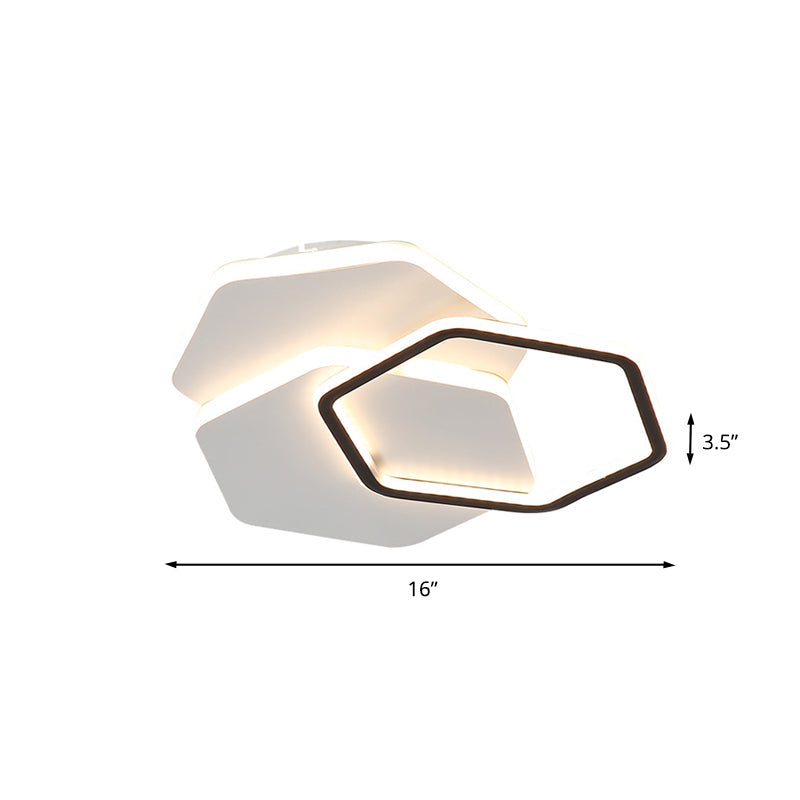 Hexagon Flush Mount Led Ceiling Lamp - Black And White Modernist Acrylic Fixture White/Warm Light