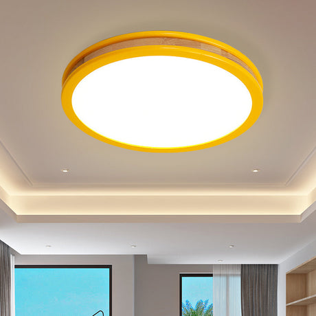 Yellow Round Flushmount Led Wood Ceiling Light For Bedroom - 12/16 Dia / 16