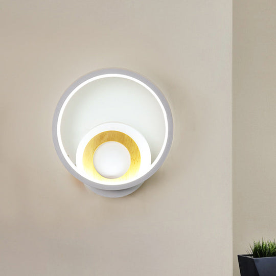 Modernist Ring Wall Sconce: Acrylic Led Bedside Light In White With Wood Detail / Warm