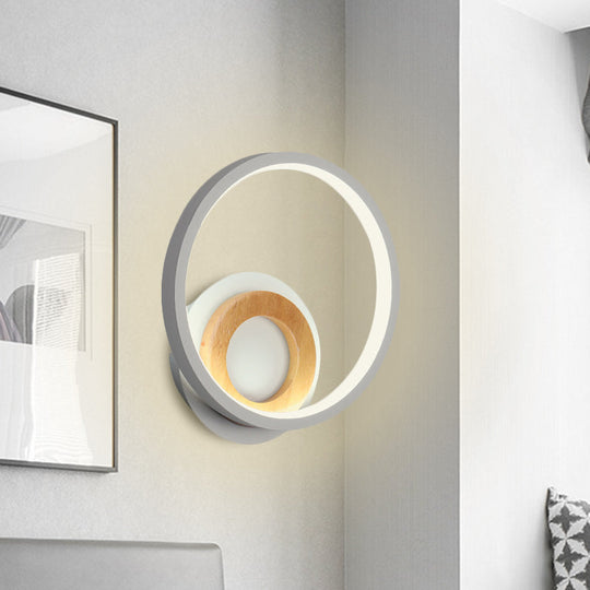 Modernist Ring Wall Sconce: Acrylic Led Bedside Light In White With Wood Detail