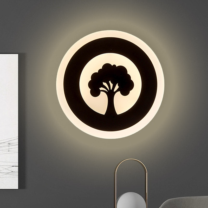 Black Acrylic Round Led Flush Wall Sconce With Tree Pattern - Modern And Elegant / Warm