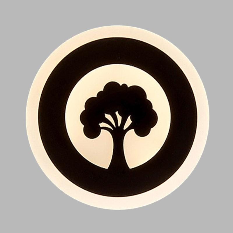 Black Acrylic Round Led Flush Wall Sconce With Tree Pattern - Modern And Elegant