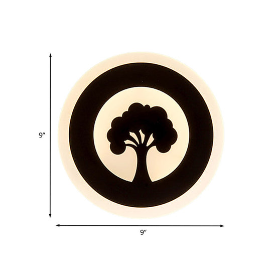 Black Acrylic Round Led Flush Wall Sconce With Tree Pattern - Modern And Elegant