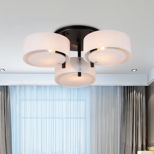 Modern 3 - Head Semi Flush Mount Ceiling Light For Living Room In White Drum Shape