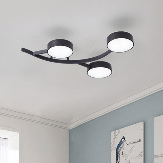 Modernist Black Led Semi-Flush Mount Ceiling Fixture With Metallic Small Drum And Branch Design