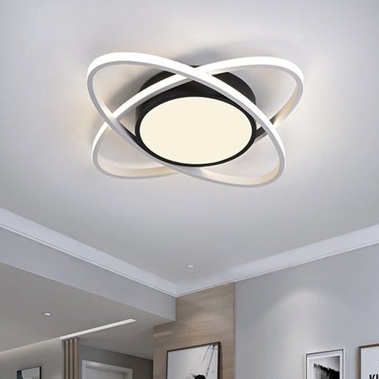 Modern Drum Flush Mount Lighting: Acrylic Led Fixture In Black/White With Cross Ring 20.5/28 Width