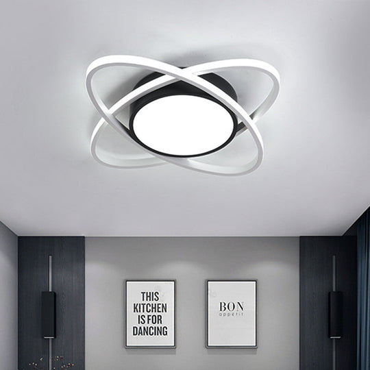 Modern Drum Flush Mount Lighting: Acrylic Led Fixture In Black/White With Cross Ring 20.5/28 Width