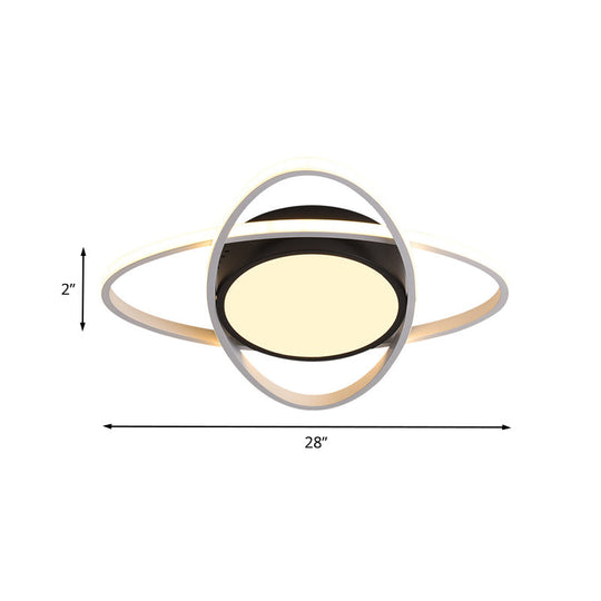 Modern Drum Flush Mount Lighting: Acrylic Led Fixture In Black/White With Cross Ring 20.5’/28’ Width