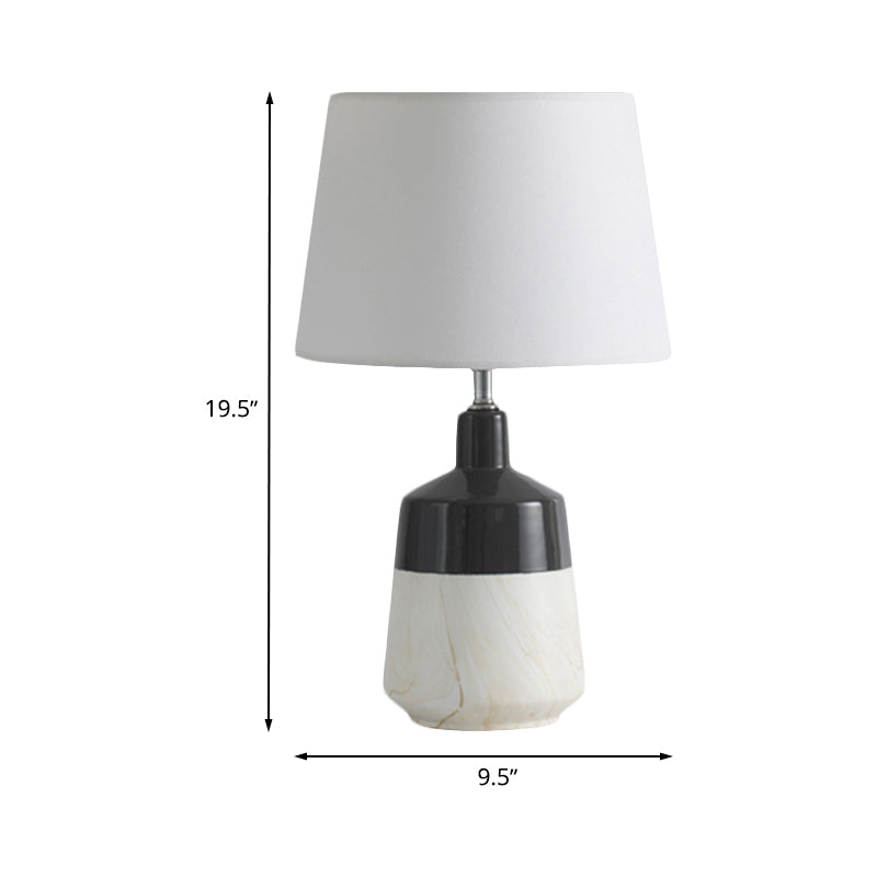 Contemporary 1-Head Bedside Night Lamp In White With Ceramic Base: Fabric Drum Table Lighting