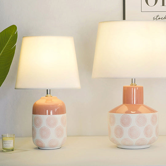 Ceramic Tapered Table Lamp - Minimalist Design In White/Pink Finish With Fabric Shade Ideal Night