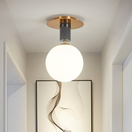 Minimalist Frosted Glass Spherical Flush Mount Lighting In Gold - Bedroom Ceiling Fixture