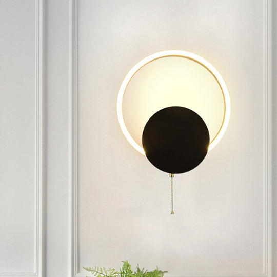 Minimal Acrylic Led Bedroom Sconce: Circular Wall Mount Light In Black With Pull Chain