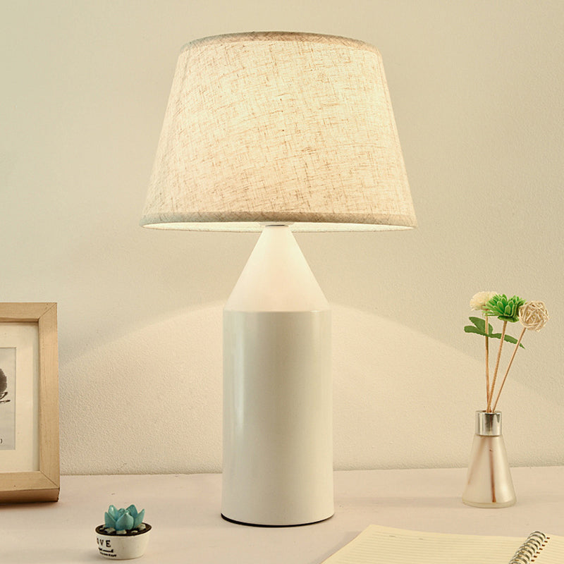 Modern 1-Head White Fabric Reading Lamp For Bedroom - Pencil Metallic Night Table Light