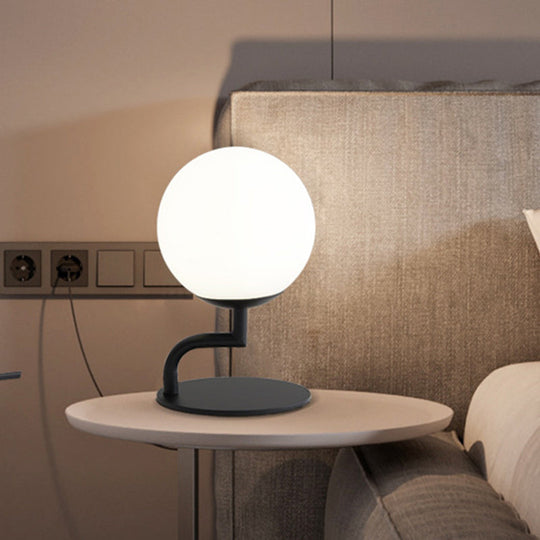 Led Night Table Lamp: Modernist Black Sphere Plug-In Light With Opal Glass Shade