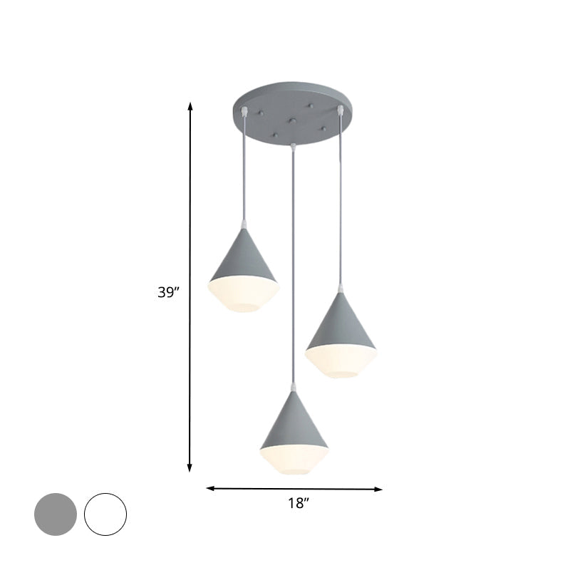 Modern Acrylic Cone Cluster Pendant Light Coffee House Hanging Lamp In White/Grey - 3 Heads Kit