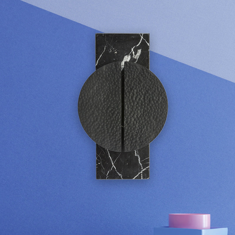 Minimalist Metallic Circle Wall Lamp With Led Sconce - Black/White Rectangle Marble Backplate